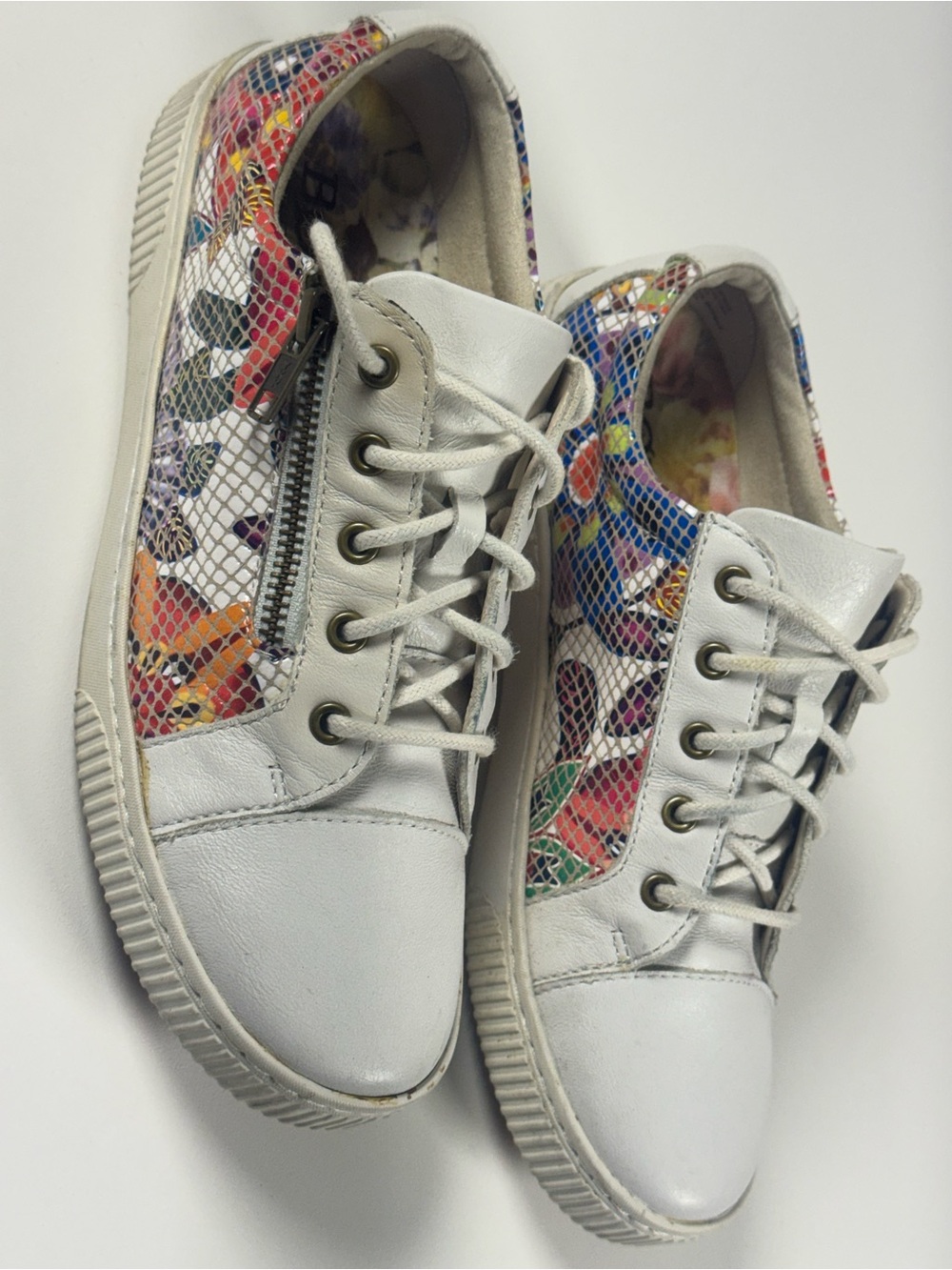 White Leather Lace-Up Sneakers with Multicolor Floral Panels